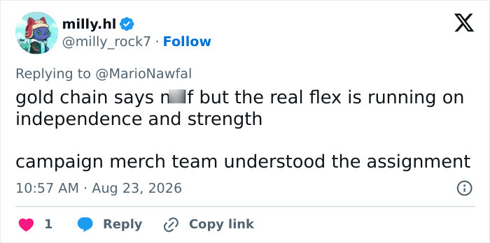A tweet commenting on a conservative politician's gold chain necklace on campaign posters representing independence and strength. A tweet commenting on a conservative politician's gold chain necklace on campaign posters representing independence and strength.