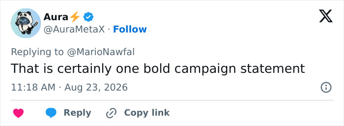 A tweet by Aura stating that the provocative necklace is a bold campaign statement by the conservative politician. A tweet by Aura stating that the provocative necklace is a bold campaign statement by the conservative politician.