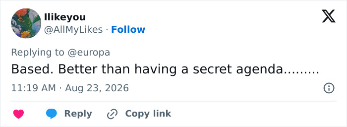A tweet praising a conservative politician for her provocative necklace on campaign posters, stating it is better than a secret agenda. A tweet praising a conservative politician for her provocative necklace on campaign posters, stating it is better than a secret agenda.