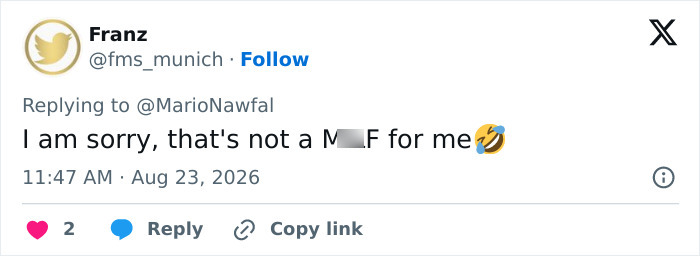 A tweet by Franz stating a provocative necklace is not a M**F for me, referring to the conservative politician campaign. A tweet by Franz stating a provocative necklace is not a M**F for me, referring to the conservative politician campaign.