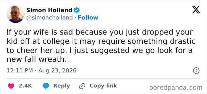 A tweet about dropping a kid off at college, showing the comedy in raising kids.