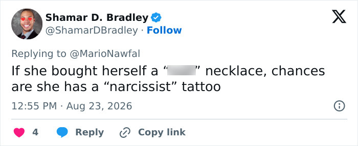 A social media post commenting on a Conservative politician's provocative necklace and personality for campaign posters. A social media post commenting on a Conservative politician's provocative necklace and personality for campaign posters.
