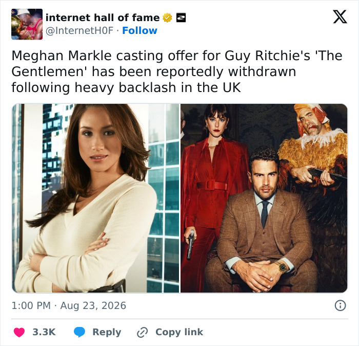 A social media post about Meghan Markle's acting comeback offer being withdrawn due to backlash.