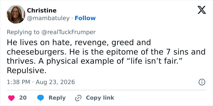 Twitter post by Christine about alarming health markers in Donald Trump, stating he lives on hate, revenge, greed and cheeseburgers. Twitter post by Christine about alarming health markers in Donald Trump, stating he lives on hate, revenge, greed and cheeseburgers.