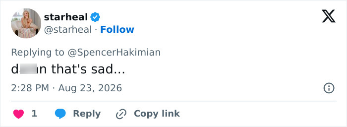 Screenshot of a tweet from @starheal responding with d*** that's sad... about Trump and Natalie Harp scandal. Screenshot of a tweet from @starheal responding with d*** that's sad... about Trump and Natalie Harp scandal.