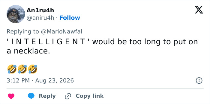 A tweet by An1ru4h implying that 'intelligent' would be too long for a provocative necklace on a conservative politician. A tweet by An1ru4h implying that 'intelligent' would be too long for a provocative necklace on a conservative politician.
