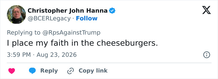A social media user comments on Donald Trumps health marker, stating faith in cheeseburgers. A social media user comments on Donald Trumps health marker, stating faith in cheeseburgers.
