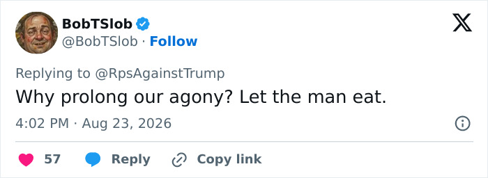 Twitter post by BobTSlob about alarming health markers in Donald Trump, saying, Why prolong our agony? Let the man eat. Twitter post by BobTSlob about alarming health markers in Donald Trump, saying, Why prolong our agony? Let the man eat.