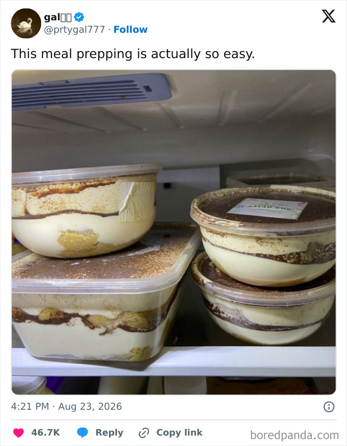 Image of Tiramisu in containers for meal prepping, a funny tweet related to good mood content for August.