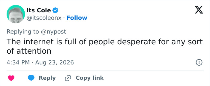 A social media comment from Its Cole on the baby canceled viral post, criticizing people seeking attention. A social media comment from Its Cole on the baby canceled viral post, criticizing people seeking attention.