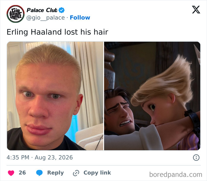 Erling Haaland haircut meme comparing his new look to a character from Disney's Tangled.
