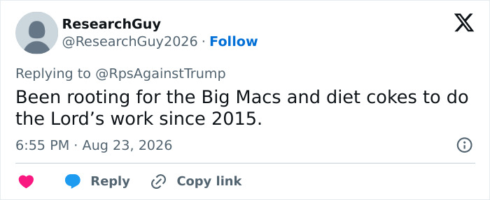 Twitter post by ResearchGuy about alarming health markers in Donald Trump, mentioning rooting for Big Macs and diet cokes. Twitter post by ResearchGuy about alarming health markers in Donald Trump, mentioning rooting for Big Macs and diet cokes.