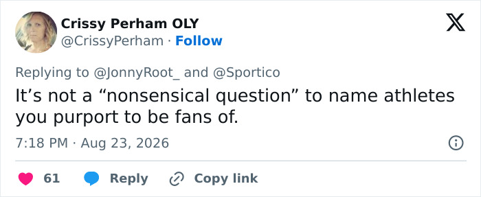 Tweet by Crissy Perham criticizing anti-trans protesters for their inability to name WNBA athletes, fumbling a simple WNBA question. Tweet by Crissy Perham criticizing anti-trans protesters for their inability to name WNBA athletes, fumbling a simple WNBA question.