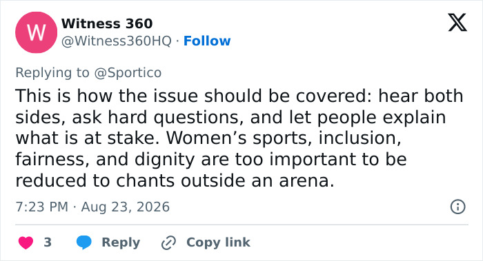 Witness 360 tweets about covering the issue with both sides, hard questions, and dignity, regarding anti-trans protesters and WNBA. Witness 360 tweets about covering the issue with both sides, hard questions, and dignity, regarding anti-trans protesters and WNBA.