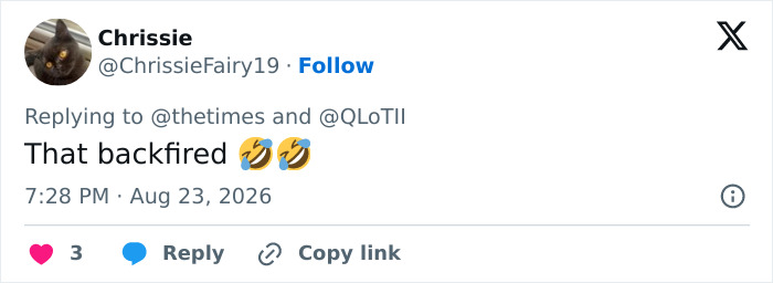 Tweet by Chrissie, showing laughing emojis, reacting to Meghan Markle's acting comeback backlash.