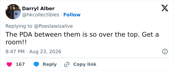 Twitter post by Darryl Alber: The PDA between them is so over the top. Get a room!! Twitter post by Darryl Alber: The PDA between them is so over the top. Get a room!!