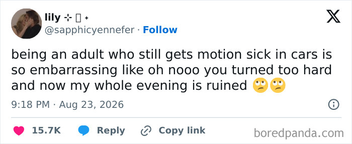 Screenshot of a funny tweet from lily about adult motion sickness, providing good mood humor for August.
