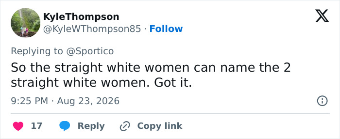 Tweet by KyleThompson commenting on anti-trans protesters only knowing certain WNBA players, as they fumble a simple WNBA question. Tweet by KyleThompson commenting on anti-trans protesters only knowing certain WNBA players, as they fumble a simple WNBA question.