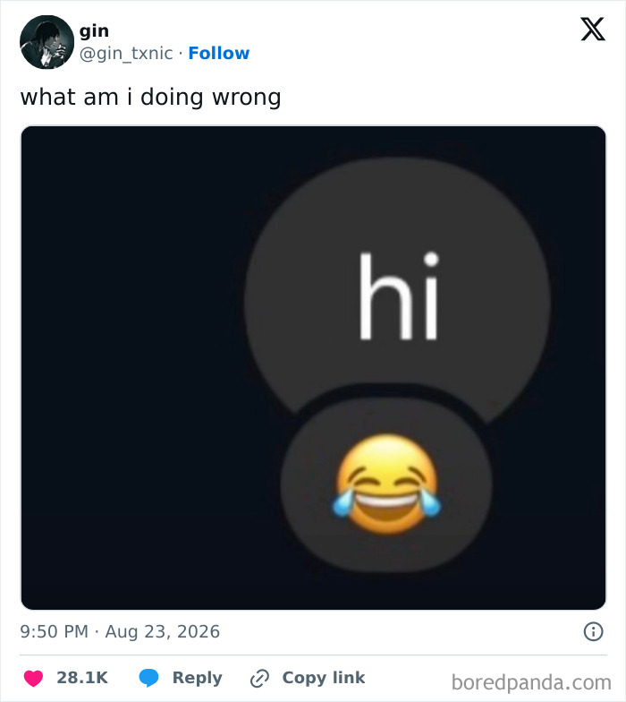 Funny tweets from August: a text message conversation showing a 'hi' message followed by a laughing with tears emoji.
