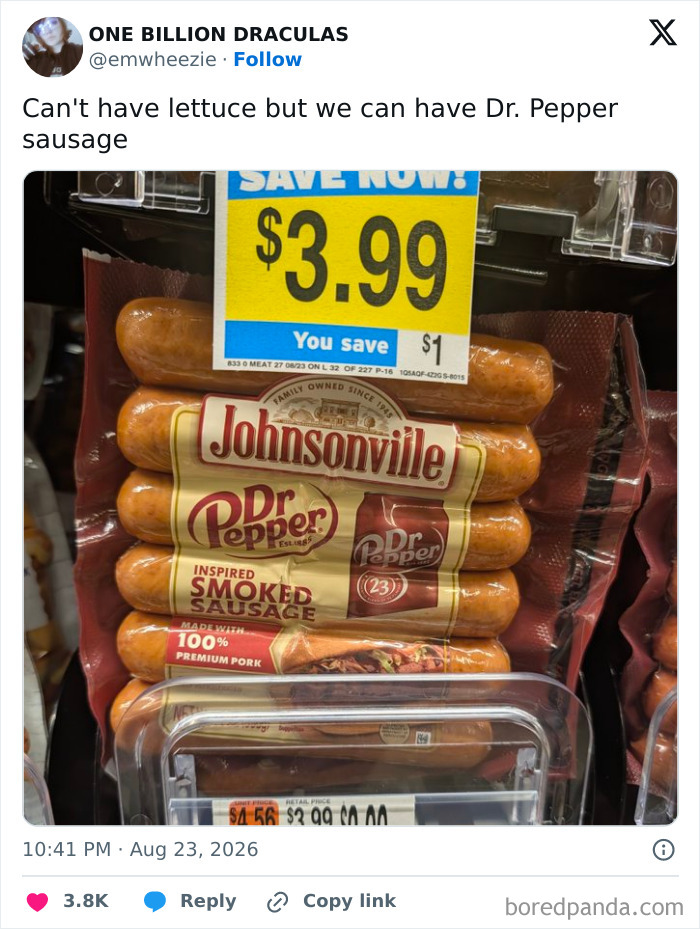 Screenshot of a funny tweet about Dr. Pepper sausage, humorously keeping up a good mood in August.