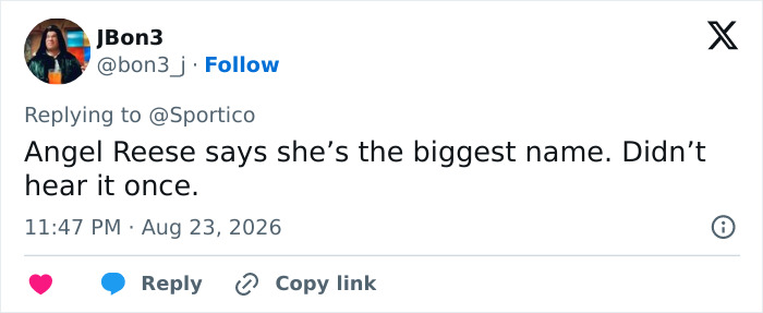 Twitter user JBon3 comments on Angel Reese's name in relation to anti-trans protesters fumbling a WNBA question. Twitter user JBon3 comments on Angel Reese's name in relation to anti-trans protesters fumbling a WNBA question.