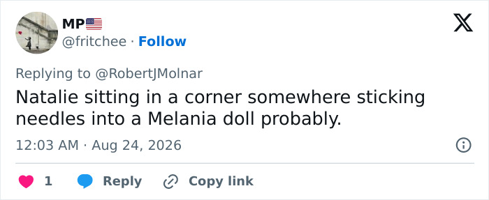 Screenshot of a tweet from @fritchee mentioning Natalie Harp sitting in a corner sticking needles into a Melania doll amid scandal. Screenshot of a tweet from @fritchee mentioning Natalie Harp sitting in a corner sticking needles into a Melania doll amid scandal.