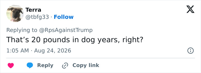 A Twitter comment by Terra asks if 20 pounds is dog years, questioning Donald Trump's health marker. A Twitter comment by Terra asks if 20 pounds is dog years, questioning Donald Trump's health marker.