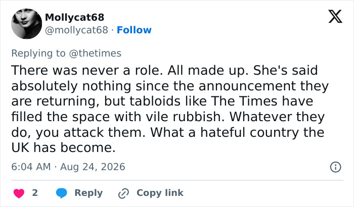 Tweet by Mollycat68, discussing Meghan Markle's acting comeback and media speculation.