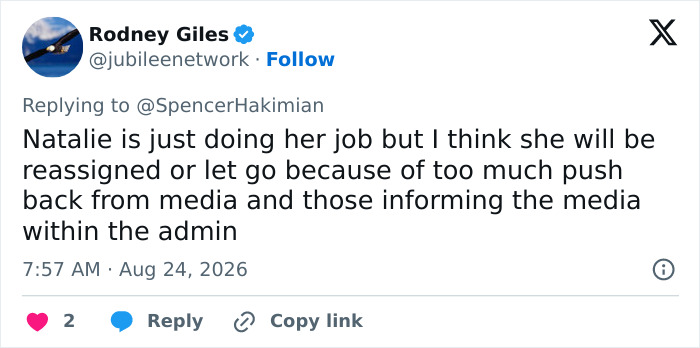 A tweet about Natalie Harp being reassigned or let go due to media push back amid scandal. A tweet about Natalie Harp being reassigned or let go due to media push back amid scandal.