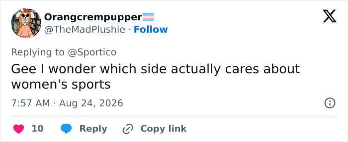 A social media post from Orangcrempupper with a trans flag asks who cares about women's sports. A social media post from Orangcrempupper with a trans flag asks who cares about women's sports.