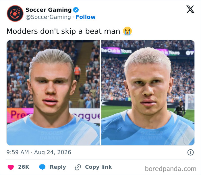 Erling Haaland's iconic locks in a video game before and after cutting his hair, showing the quick update by modders.