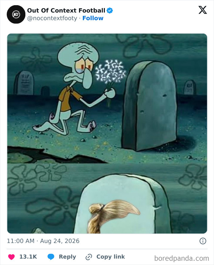 Squidward meme mourning Erling Haaland's iconic locks, humorously depicting the haircut's impact.