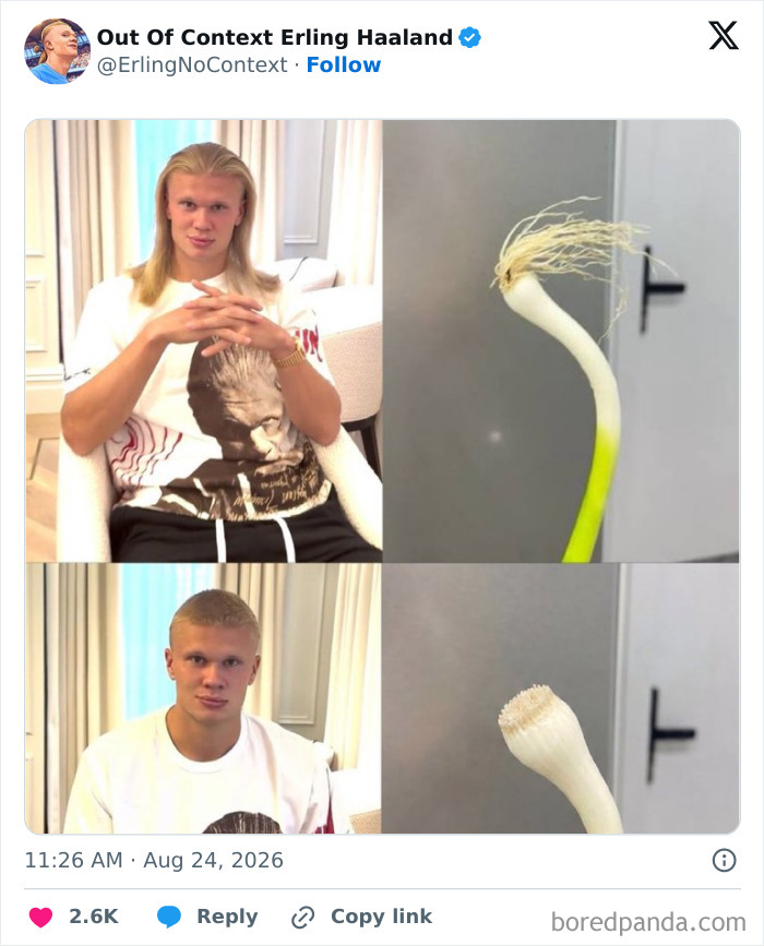 Erling Haaland's new iconic locks compared to an onion meme, showing before and after haircuts.