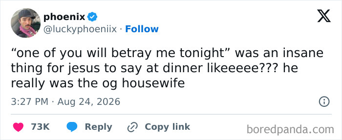 A funny tweet from phoenix about Jesus and a betrayal comment, keeping the good mood.