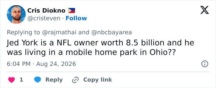 Tweet questioning Jed York, 49ers owner, living in a mobile home park after his trailer park arrest. Tweet questioning Jed York, 49ers owner, living in a mobile home park after his trailer park arrest.
