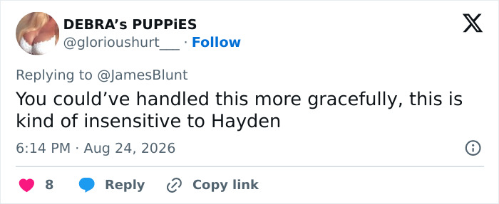 Screenshot of a tweet from DEBRA'S PUPPIES replying to @JamesBlunt, calling a post insensitive to Hayden. Screenshot of a tweet from DEBRA'S PUPPIES replying to @JamesBlunt, calling a post insensitive to Hayden.