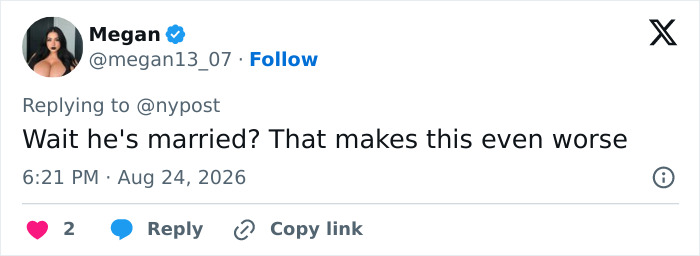 A tweet from Megan commenting on Jed York's marital status after his trailer park arrest. A tweet from Megan commenting on Jed York's marital status after his trailer park arrest.