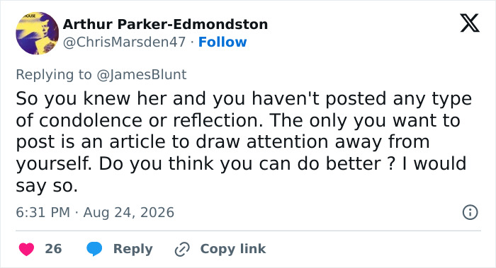 A social media post by Arthur Parker-Edmondston replying to James Blunt, questioning his silence after Hayden Panettiere's memoir. A social media post by Arthur Parker-Edmondston replying to James Blunt, questioning his silence after Hayden Panettiere's memoir.