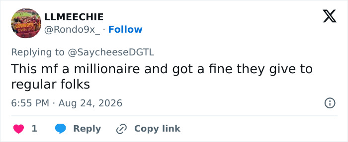 Tweet commenting on Jed York, a millionaire, receiving a fine after his trailer park arrest. Tweet commenting on Jed York, a millionaire, receiving a fine after his trailer park arrest.