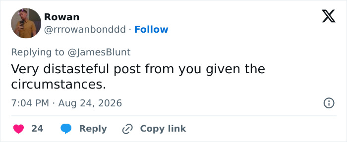 Screenshot of a tweet from Rowan responding to @JamesBlunt about a distasteful post. Screenshot of a tweet from Rowan responding to @JamesBlunt about a distasteful post.
