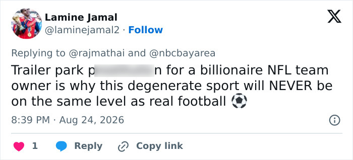 Tweet criticizing Jed York's trailer park arrest and its implications for the sport. Tweet criticizing Jed York's trailer park arrest and its implications for the sport.