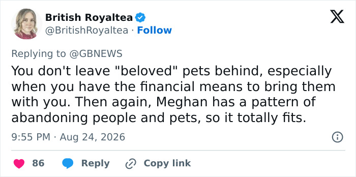 A tweet from British Royaltea about Meghan Markle abandoning pets and people. Concerns for kids. A tweet from British Royaltea about Meghan Markle abandoning pets and people. Concerns for kids.