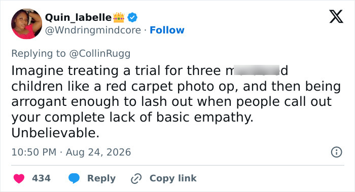 Tweet expressing disbelief at the green dress lady treating the Lindsay Clancy trial like a photo op, sparking backlash. Tweet expressing disbelief at the green dress lady treating the Lindsay Clancy trial like a photo op, sparking backlash.