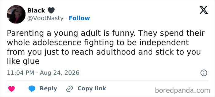 A tweet from Black highlighting the comedy of parenting young adults and their journey to independence.