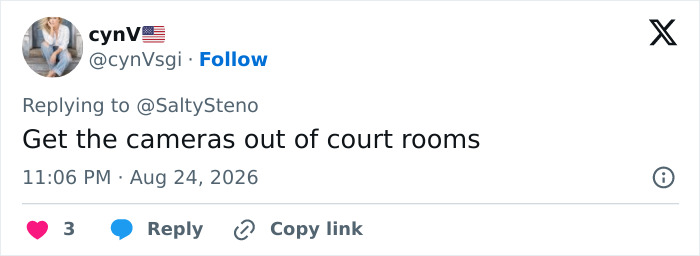 Screenshot of a tweet from cynV calling to remove cameras from courtrooms due to the Green Dress Lady viral video. Screenshot of a tweet from cynV calling to remove cameras from courtrooms due to the Green Dress Lady viral video.