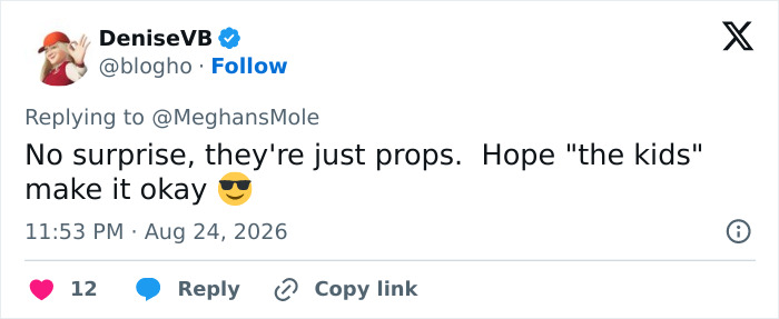 Twitter reply showing concern for Meghan Markle's kids, referring to them as 'props.' Twitter reply showing concern for Meghan Markle's kids, referring to them as 'props.'