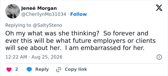 Screenshot of a tweet from Jenee Morgan expressing embarrassment for the Green Dress Lady after her viral video. Screenshot of a tweet from Jenee Morgan expressing embarrassment for the Green Dress Lady after her viral video.