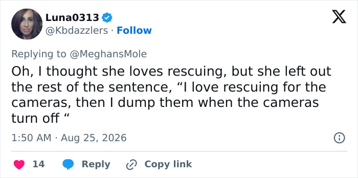 Twitter reply criticizing Meghan Markle's rescuing efforts and concern for her kids. Twitter reply criticizing Meghan Markle's rescuing efforts and concern for her kids.