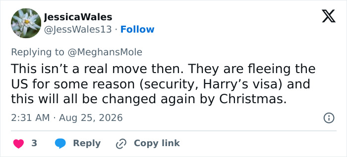 A tweet about Meghan Markle's return to UK, speculating on reasons for the move and a possible return. A tweet about Meghan Markle's return to UK, speculating on reasons for the move and a possible return.
