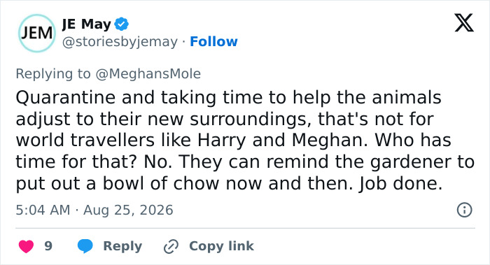 A tweet about Meghan Markle's return to UK, suggesting she does not take time for animals in a move. A tweet about Meghan Markle's return to UK, suggesting she does not take time for animals in a move.